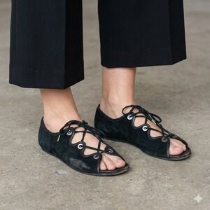 Opening Ceremony Flats Womens 38 US 8 Black Suede Lace Up Peep Toe‎ Designer